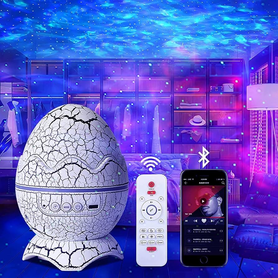 Dinosaur Egg Galaxy Star Projector — Romantic Ambient Night Lamp with Bluetooth Speaker & Nebula Lights